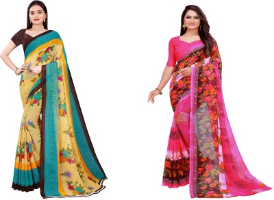 Saadhvi Printed Daily Wear Georgette Saree(Pack of 2, Pink, Yellow)