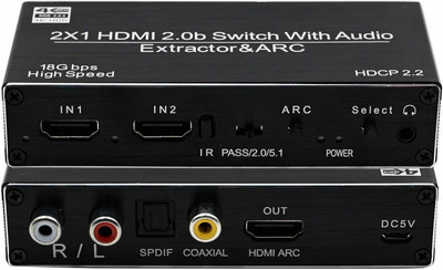 microware HDMI 2.0b 2x1 Switch with Audio Extractor and ARC, support 4K HDR Media Streaming Device(Black)