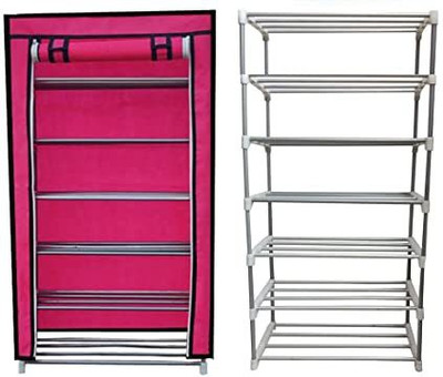 GlowSilk Multi Utility Collapsible Metal Book/Shoe/Cloth Foldable Rack With Cover Metal Shoe Stand(Pink, 6 Shelves, DIY(Do-It-Yourself))