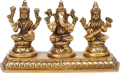 Rudra Centre Ganesh Laxmi Sarawati Brass Idol - Decorative Showpiece  -  10 cm(Brass, Gold)