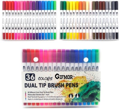 GifMor Dual Tip Brush Pens with Fineliners Colouring Art Drawing Markers Fineliner and Brush Nib Sketch Pens  with Washable Ink(Set of 1, 36 Colours)