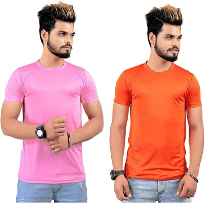 clothmore Solid Men Round Neck Pink, Orange T-Shirt