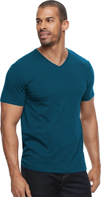 ADRO Solid Men V Neck Dark Blue T-Shirt