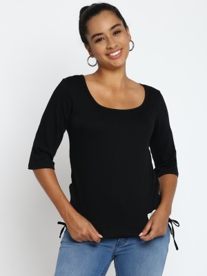 Aditya Birla - abof Solid Women Round Neck Black T-Shirt