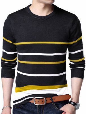 MANIAC Striped Men Round Neck Black, White T-Shirt