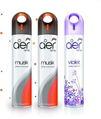 Godrej Aer Freshener Musk After Smoke & Violet Valley Bloom - Home & Office| Pack of 3 Spray(3 x 220 ml)