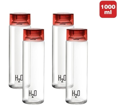 N H Enterprise H2O Sodalime Glass Fridge Water Bottle with Plastic Cap ( Set Of 4 - Red ) 1000 ml Bottle(Pack of 4, Clear, Glass)