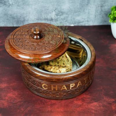 ADA Handicraft Premium Pakka Sheesham Wooden Chapati Box | Round Hot Pot Roti Dabba with Lid | Serve Casserole
