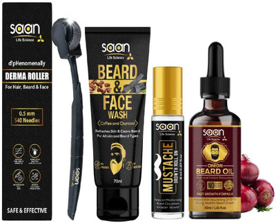 SAAN Life Science 4-Step Beard Growth Kit For Men with Onion Beard Growth Oil, Mustache Growth Roll-on Oil, Beard & Face Wash,0.5mm 540 titanium needles Beard Activator (Derma roller) For Fast Beard Growth(4 Items in the set)