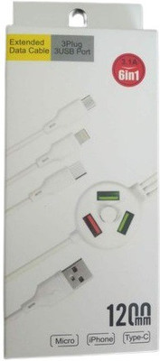 Wifton Power Sharing Cable 1.2 m 6 in 1 Extended mobile data cable 3 Plug 3 Usb port 3.1A-J7(Compatible with All Smartphones, Tablets, MP3 player, White, One Cable)