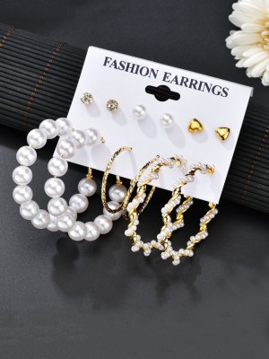 YELLOW CHIMES Exclusive Designs Combo of 6 Pairs Crystal Pearl Gold Plated Stud Hoop Earrings Set Pearl Alloy Hoop Earring, Stud Earring