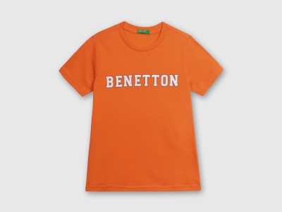 United Colors of Benetton Baby Boys Typography Cotton Blend T Shirt(Orange, Pack of 1)