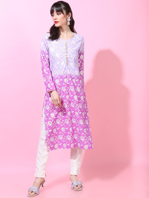 Vishudh Women Floral Print Straight Kurta(Pink)