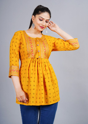 DRASHTI Women Printed Flared Kurta(Yellow)