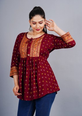 Sanganer Export Women Printed Flared Kurta(Maroon)