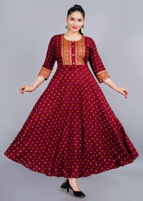 Sanganer Export Women Printed Anarkali Kurta(Maroon)