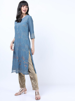 Vishudh Women Printed Straight Kurta(Blue)