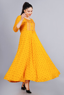 DRASHTI Women Printed Anarkali Kurta(Yellow)
