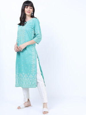 Vishudh Women Printed Straight Kurta(Light Blue)