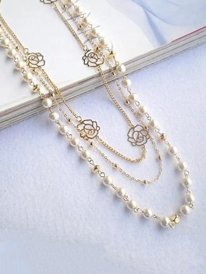 Kairangi Latest Fashion Golden White Crystal Pearls Multilayer Long Pearl Pearl Alloy Necklace