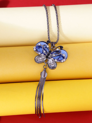 YELLOW CHIMES Butterfly Blue Crystal Long Chain Pendant Tassel Necklace Crystal Brass Necklace