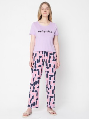 VERO MODA Women Printed Purple Top & Pyjama Set