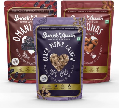 Snack Amor Black Pepper Cashew , Omani Dates & Roasted Salted Almonds Pack of 3 Cashews, Almonds(3 x 196.67 g)