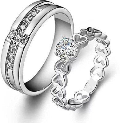 HOUSEOFTRENDZZ COUPLES CUBIC ZIRCON PLATTED SILVER RINGS HEART DESIGNED (PACK OF 2 PIECES) Alloy Zircon Sterling Silver Plated Ring Set