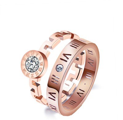MYKI Aesthetical Rosegold Pair Of Couples Love Ring For Women & Men Stainless Steel Cubic Zirconia Gold Plated Ring Set
