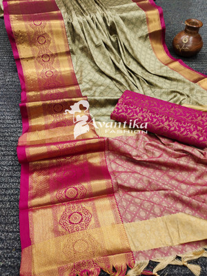 AVANTIKA FASHION Printed, Temple Border, Woven, Embellished, Solid/Plain Banarasi Art Silk, Cotton Silk Saree(Pink, Cream)