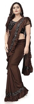 PIYUZARA Embellished Bollywood Lycra Blend Saree(Brown)