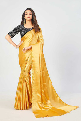 cosfic Solid/Plain Dharmavaram Satin Saree(Yellow)