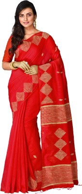 crochetin Woven Handloom Cotton Blend Saree(Red)