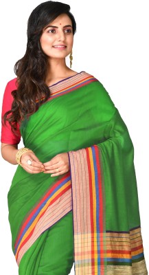 Mystory Woven Handloom Cotton Blend Saree(Green)