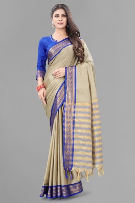 Satani enterprise Solid/Plain Maheshwari Cotton Silk, Silk Blend Saree(Cream)