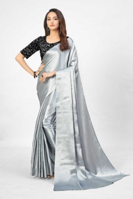 V V FASHION Solid/Plain Bollywood Satin Saree(Silver)