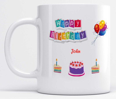 LOROFY Name John Happy Birthday Cherry Cake Printed Ceramic Coffee Mug(325 ml)