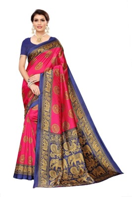 VCREATION Self Design Kalamkari Art Silk Saree(Blue, Pink)