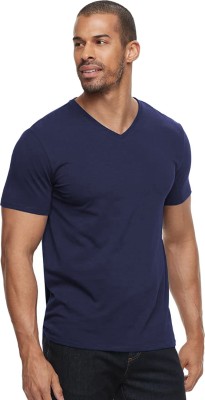 ADRO Solid Men V Neck Navy Blue T-Shirt