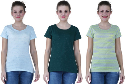 YUALIN CREATION Self Design Women Round Neck Green T-Shirt