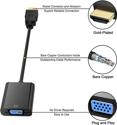 Wifton  TV-out Cable HDMI to VGA Adapter (Male to Female)-J7(Black, For Computer)