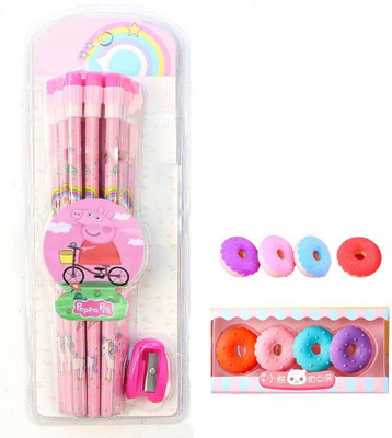 Neel 12ps HB Peppa Stationery Wooden Pencil with Sharpener & 4 Donut Design Eraser