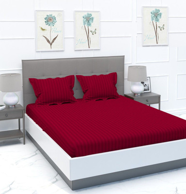 kashmya Cotton Double Fitted (Elastic) 300 TC Striped Bedsheet(Pack of 1, Red)
