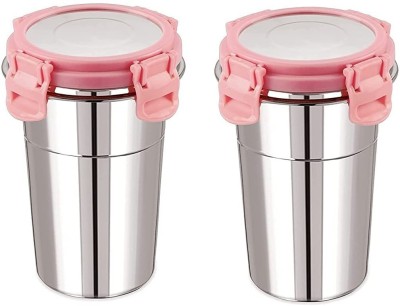 Lipsa Enterprise (Pack of 2) Stainless Steel Fusion Glass Tumbler with Stainless Steel Lid (400 ml) Glass Water/Juice Glass(400 ml, Steel, Green, Pink)