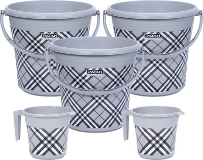 RATAN Frosty Checks Print Grey Bathroom Set Pack of 5 (Bucket x 3, Mug x 2) 25 L Plastic Bucket(Grey)