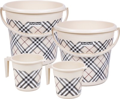 RATAN Frosty Checks Print Beige Bathroom Set Pack of 4 (Bucket x 2, Mug x 2) 18 L Plastic Bucket(Beige)