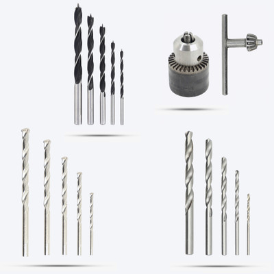 Hillgrove HGCM182M1 Drill Bit Set of 5Pcs HSS+Masonry+ Wood Drill Bits & 13mm Drill Chuck Hand Tool Kit(4 Tools)