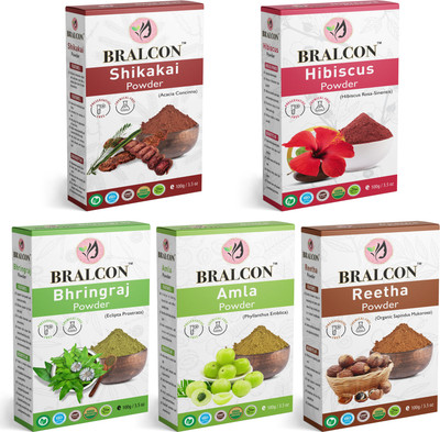 BRALCON Organic Amla, Reetha, Shikakai, Bhringraj, Hibiscus Powder Combo-(100g 5 Pack)|(500 g)