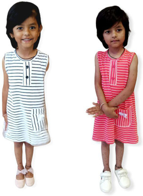 Tyasa Girls Above Knee Casual Dress(White, Sleeveless)