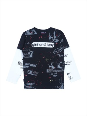 GINI & JONY Boys Typography, Printed Cotton Blend Regular T Shirt(Black, Pack of 1)